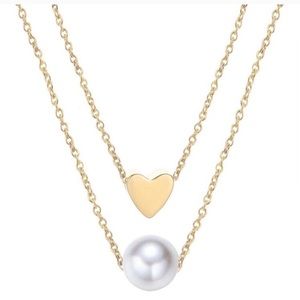 Gold Heart Pearl Layered 2-piece Necklace Set